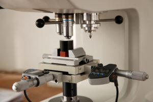 Close-up of modern cnc machine part. Measuring machine.