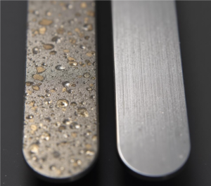 Comparison of titanium surfaces before and after pickling. The left side shows a rough oxide layer, while the right side displays a clean and active surface, ready for further processing.