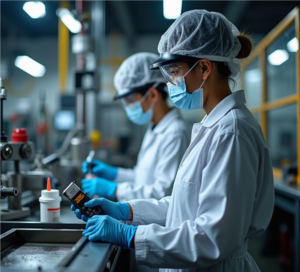 Technicians monitoring the titanium pickling process. Safety equipment and precise instruments ensure optimal acid concentration and surface quality.