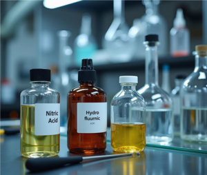 Preparation of acid solutions for titanium pickling. The image shows laboratory instruments and labeled acid bottles, illustrating the careful mixing of nitric acid and hydrofluoric acid for oxide removal.