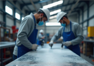 Worker cleaning titanium surfaces with brush or spray gun, removing oils and residues, industrial workshop background, professional pre-treatment process.