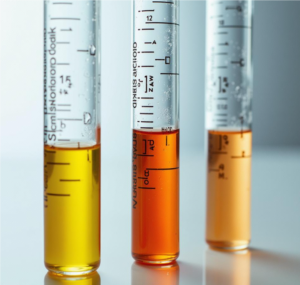 Three beakers of acid solutions, labeled Nitric acid, Hydrofluoric acid, Mixed acid, with titanium anode samples beside them.