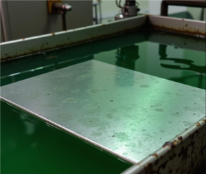 Titanium pickling process in acid baths. The image shows titanium materials immersed in a controlled acid solution for oxide removal and surface cleaning. This ensures high corrosion resistance and enhanced surface activity.