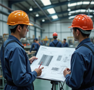 An image of two professionals in a meeting, one is a customer and the other a technical expert, discussing a blueprint or technical document regarding titanium anode requirements.