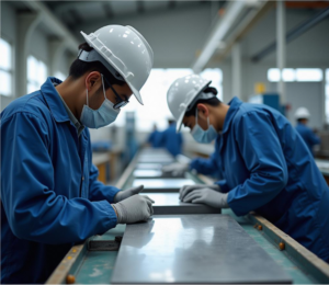 A technician conducting a quality control inspection in a lab or factory setting, checking titanium anodes for surface activation