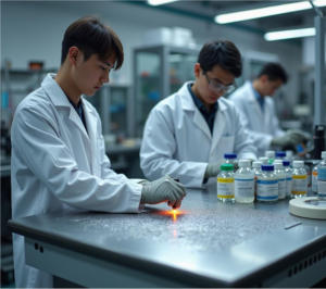 A professional setting where a customer is providing feedback during a discussion with a technical team, possibly showing feedback on a tablet or screen, influencing the design or improvement of a titanium anode.