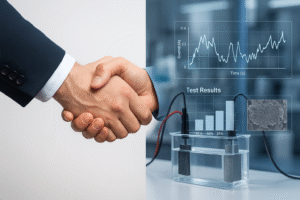 business handshake symbolizing long-term partnership, overlaid with lab test results, charts, and electrode images