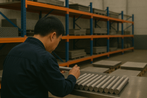 Chinese factory worker inspecting titanium rods during incoming material quality check, verifying surface defects, Ra finish, straightness, and cleanliness before titanium anode machining and MMO or platinum coating.