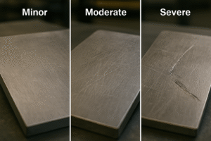 Triptych photo of titanium plates showing three levels of surface damage—minor scratches, moderate machining marks, and severe deep gouges—used to explain repair, rework, or remake decisions in titanium anode manufacturing.