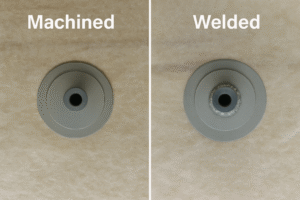 Side-by-side comparison of a titanium component manufactured by one-piece CNC machining and a similar part produced by shaft-to-plate welding, showing differences in joint smoothness, weld bead texture, and structural finish for titanium anode and industrial titanium parts.