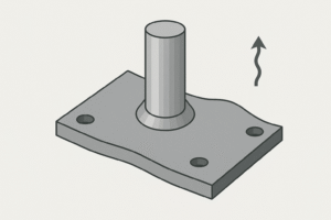 3D illustration of a titanium plate with a vertical shaft showing warping deformation caused by residual stress during high-temperature processes such as sintering or thermal oxidation.