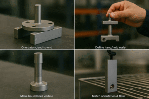 Four-photo collage showing real titanium machined parts demonstrating correct datum alignment, early-defined hanging points, visible coating boundaries, and proper orientation for MMO and platinum coating processes.
