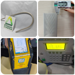 Industrial quality control workflow for titanium anodes, including dimensional measurement, coating thickness verification, material composition analysis, and electrical performance testing under controlled DC conditions. Each inspection step ensures coating consistency, structural accuracy, and stable electrochemical performance for long-term service.