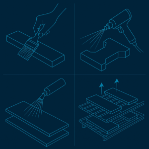 Technical blueprint-style illustration showing four key coating steps for titanium anodes: manual brush coating for edges, electrostatic spray coating for complex shapes, roll coating for flat plates, and controlled cooling on racks to stabilize each applied layer. Designed to visually explain industrial titanium electrode coating workflows.