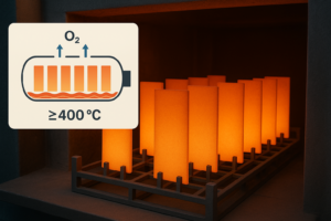 High-resolution image showing titanium anode plates glowing inside an industrial thermal-oxidation furnace at temperatures above 400°C, with an inset schematic illustrating oxygen flow and the oxidizing atmosphere required for RuO₂-based coating formation. Ideal for explaining titanium anode manufacturing, coating thermal treatment, and high-temperature oxidation processes.
