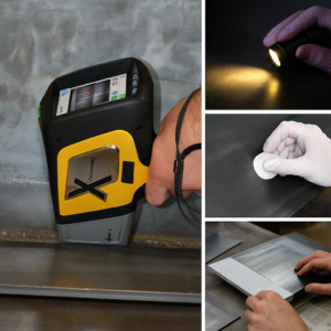 High-resolution images showing titanium anode QC processes, including XRF material verification, low-angle light inspection, surface wipe tests, and final coating appearance review.