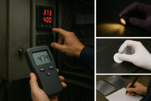 Photographic documentation of zoned furnace temperature control and process verification during titanium anode production, including digital temperature monitoring, surface inspection under low-angle light, filter-paper testing, and process record logging to ensure coating consistency and thermal stability.