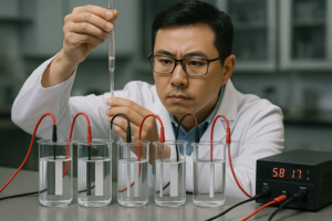 Laboratory electrochemical testing of titanium anodes fully immersed in different electrolytes. Each beaker contains a titanium anode and metal cathode connected to independent power supplies, while electrolyte composition is analyzed through titration to evaluate halide effects and coating stability.