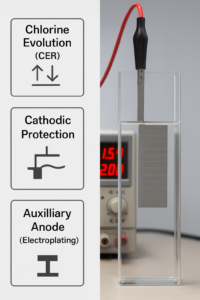 Laboratory testing of titanium anodes under different electrochemical duties, including CER, OER, cathodic protection, and electroplating, with controlled current density and voltage monitoring.