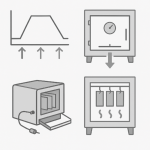Schematic illustration of titanium anode sintering and inter-pass cooling control, showing furnace heating–soak–cooling cycles, thermocouple placement concepts, loading orientation, and forced cooling between coating passes to ensure stable oxide formation and coating adhesion.