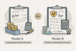 Comparison diagram showing two titanium anode purchasing models: a loading-specified contract based on fixed g/m² noble metal content, and a lifetime-specified contract where coating system, loading, and process parameters are optimized to meet defined current density, voltage, electrolyte, and service life requirements.