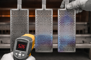Close-up inspection of titanium anodes after thermal oxidation, showing normal gray surfaces and abnormal bluish discoloration caused by over-temperature or excessive soak time. Color variation is a key visual signal indicating grain coarsening, increased resistance, and potential reduction in anode lifetime.