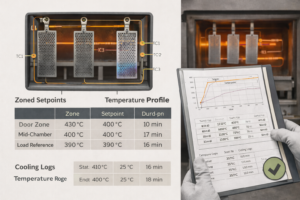 A technical illustration showing zoned furnace temperature control, thermocouple placement, and recorded heating–soak–cooling profiles used to verify temperature uniformity during titanium anode oxidation. Demonstrates how door-zone compensation, TC mapping, and cooling logs support coating quality and lifetime consistency.