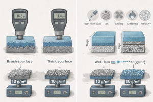 This technical illustration explains why coating thickness is not a reliable indicator of noble metal loading (g/m²) in titanium anodes. Due to surface roughness, brush coating anchoring, and process variables such as wet-film thickness, drying, and sintering, two anodes with identical loading can show very different thickness readings. The graphic highlights how microstructure density and firing conditions influence apparent thickness without changing actual precious metal content—helping buyers avoid common inspection misunderstandings.