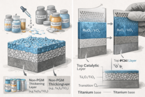 This illustration explains why thicker MMO coatings do not necessarily mean higher precious metal loading. Non-PGM oxides, binders, additives, and transition layers can increase coating thickness without adding proportional Ru, Ir, or Pt content. Understanding coating architecture helps buyers evaluate real performance, lifetime, and cost more accurately.