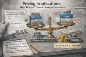 This technical illustration explains why the price of MMO titanium anodes is determined by precious-metal loading (g/m²) and process control rather than visual coating thickness. It compares dense, well-sintered microstructures with thick but under-fired or additive-heavy layers, highlighting how effective loading, lifetime performance, and quality documentation (COA, batch records, companion coupons) should guide procurement decisions instead of appearance alone.