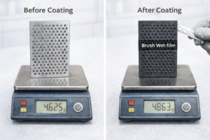 Side-by-side comparison of a titanium anode plate before and after coating, showing controlled brush wet-film application and precise weight gain measurement. The uniform gray-black surface after coating reflects stable per-pass wet-film control, supporting accurate g/m² loading and consistent electrochemical performance.