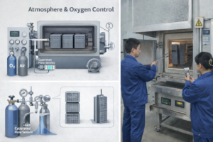 Industrial oxidation process control for MMO titanium anodes, showing regulated furnace atmosphere, oxygen flow monitoring, and correct furnace loading practices. The image illustrates door-zone compensation, uniform part spacing, and operator verification during controlled cooling and handling, ensuring stable coating quality and consistent electrochemical performance.