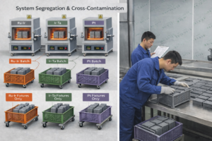 Clean industrial scene showing system segregation and quality inspection of titanium anodes. Different coating systems are processed in dedicated sintering furnaces with separated fixtures and carts to prevent cross-contamination. On the right, trained workers in blue uniforms inspect titanium anode plates on a stainless-steel platform, cross-checking batch records and physical condition in a controlled production environment.
