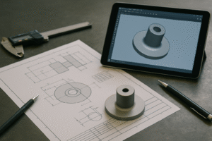 Engineer’s workspace showing a titanium machined component placed on its 2D engineering drawing, next to a tablet displaying the 3D CAD model, used for confirming dimensions, coating area and fixture design.