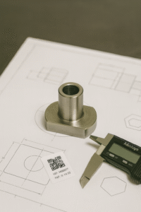 Close-up of a titanium machined component placed on its engineering drawing, with a digital caliper and QR code label nearby, illustrating dimension, tolerance, surface and batch ID control before coating.