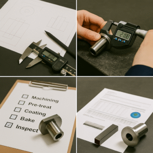 Four-step photo collage showing the workflow of titanium machined parts: engineering drawing review, digital micrometer measurement of a cylindrical titanium component, process checklist for machining-to-coating steps, and final inspection reports used for coating preparation and quality control.
