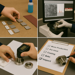 Four-step validation process for MMO-coated titanium anodes showing blasting and surface pretreatment samples, SEM/EDS coating analysis, coating adhesion inspection, and mass-production parameter confirmation.