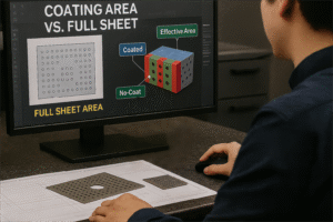 An engineer reviews a perforated titanium plate’s coating area versus full sheet area on a CAD workstation, showing effective area, coated zones, and no-coat regions. The image highlights how 2D-to-3D zoning improves accuracy in coating calculations, pricing, and process planning for titanium anodes.