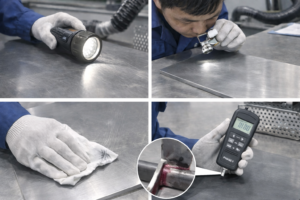High-resolution industrial photographs showing the surface inspection process for titanium anode plates. The inspection includes low-angle lighting for scratch detection, magnifier checks for micro-cracks, white-paper wipe tests for contamination, roughness measurement with a portable tester, and dye penetrant testing on critical weld or edge areas. All inspections are carried out in a clean factory environment to ensure coating adhesion, electrical performance, and long-term anode stability.