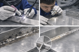 Industrial weld inspection process for titanium anode components, showing TIG welding under proper shielding, close-up visual inspection with magnification, and comparison between defective and high-quality weld beads. Clean factory environment highlights the importance of weld integrity, surface smoothness, and oxide control to ensure coating adhesion and long service life.