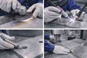 This image shows real on-site rework procedures for titanium components in a clean industrial environment, including surface grinding to remove heat tint, TIG re-welding with proper shielding, deburring of sharp edges, and cold straightening of titanium mesh. These corrective actions are critical for restoring dimensional accuracy, weld integrity, and coating adhesion before titanium anode coating or final inspection.