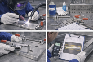 Clean and uniform titanium weld beads produced under controlled argon shielding, shown with proper fixturing, surface preparation, dimensional inspection, and in-process quality records. The image demonstrates professional titanium welding practices including acetone degreasing, precise clamping, caliper measurement, and documented inspection to ensure coating readiness and long service life.