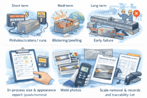 Illustration showing the short-, mid-, and long-term risks of poor titanium anode preparation—such as pinholes, coating failure, and early anode breakdown—contrasted with traceable manufacturing records including welding photos, inspection reports, and process logs used in professional MMO titanium anode production.
