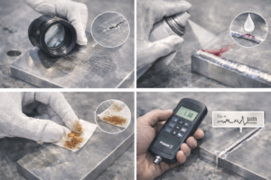 Close-up inspection of titanium anode surfaces using visual light, magnification, wipe test, and roughness measurement to detect cracks, oxidation, and contamination before MMO coating, ensuring reliable adhesion and long service life.