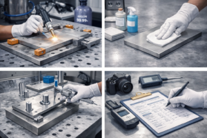 High-precision titanium anode manufacturing process showing TIG welding under argon protection, surface cleaning, fixture alignment, dimensional inspection, and full quality traceability. Designed to ensure stable coating adhesion, consistent performance, and long service life for industrial titanium anodes.