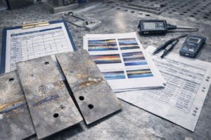 Real factory inspection scene showing titanium anode surface condition, welding appearance evaluation, measurement tools, and traceable quality records before coating and sintering. Designed to reduce coating risks and ensure stable anode performance.