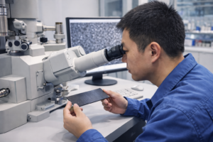 A Chinese engineer inspecting a thin MMO titanium anode plate under a scanning electron microscope in a clean laboratory, highlighting surface characterization, coating uniformity, and quality control for industrial titanium anodes.