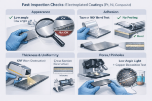 Illustration showing fast on-site inspection methods for electroplated titanium anodes, including platinum-coated and nickel-coated anodes. The image demonstrates appearance evaluation, adhesion testing, coating thickness measurement, and pore detection, supporting quality control in electrochemical and water treatment applications.