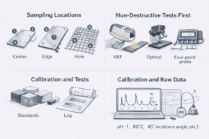 Schematic illustration showing titanium anode sampling locations and non-destructive testing methods, including XRF analysis, optical inspection, and four-point probe measurement, with calibration standards and raw data records for MMO titanium anode quality control.