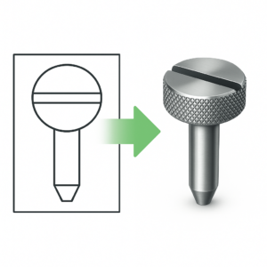 Illustration showing the transition from a 2D technical drawing to a detailed 3D titanium component, highlighting the need for accurate 3D modeling in manufacturing and surface area calculation.